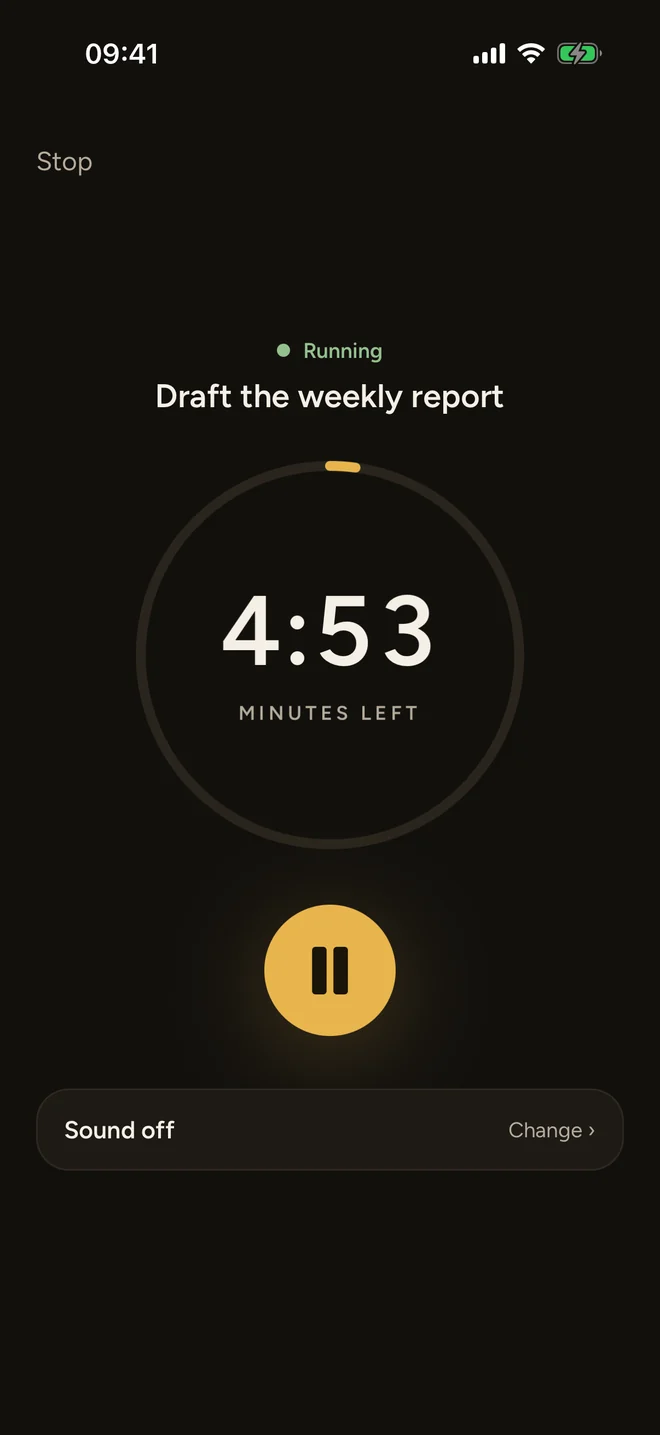 Focus Planner timer running for a task with five minutes left