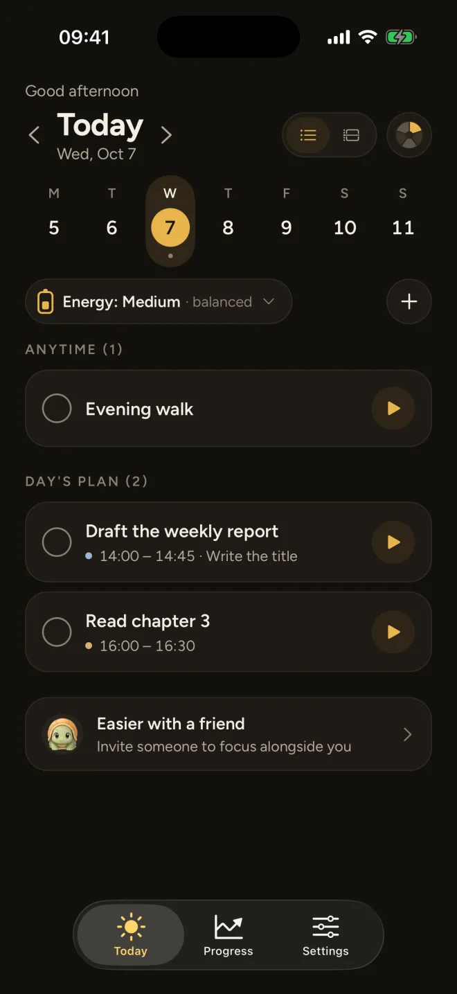 Focus Planner Today screen with the day's plan and energy level