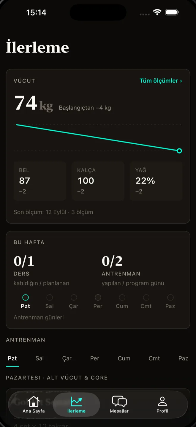 VO Training Club progress screen with weight trend and body measurements